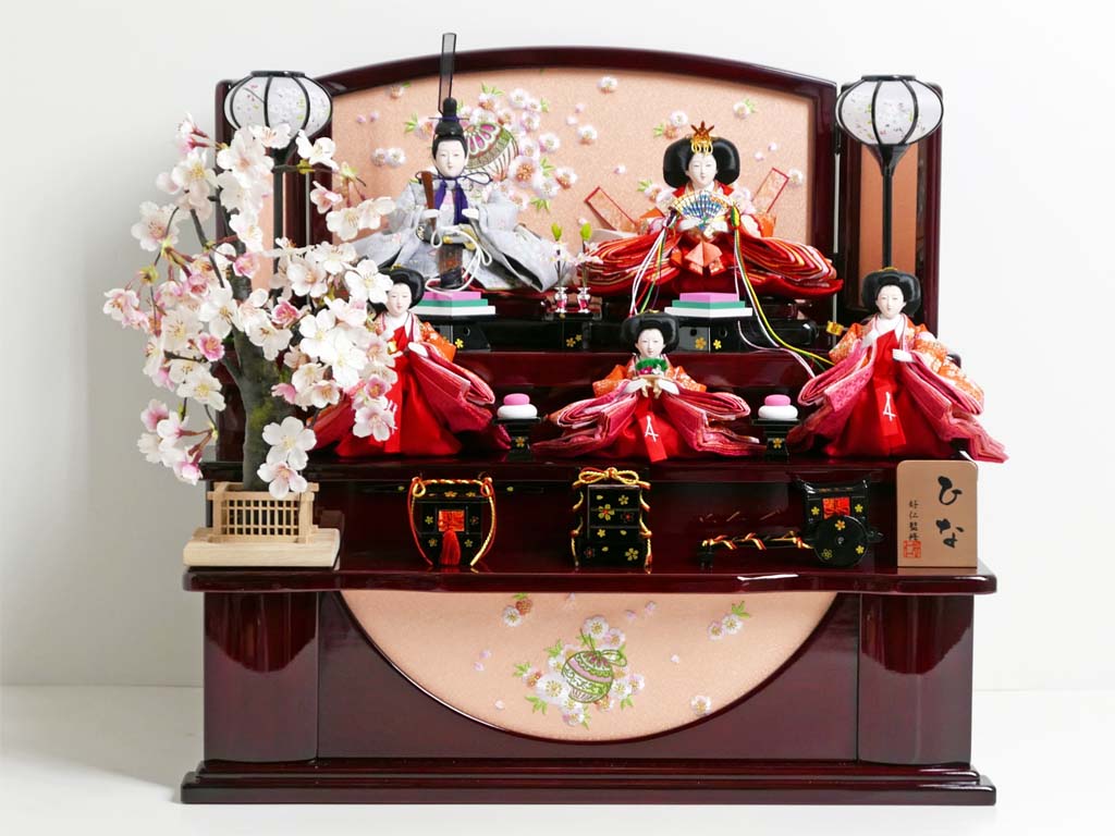 桜柄友禅衣装雛人形枝垂桜茶塗り三段収納飾り
