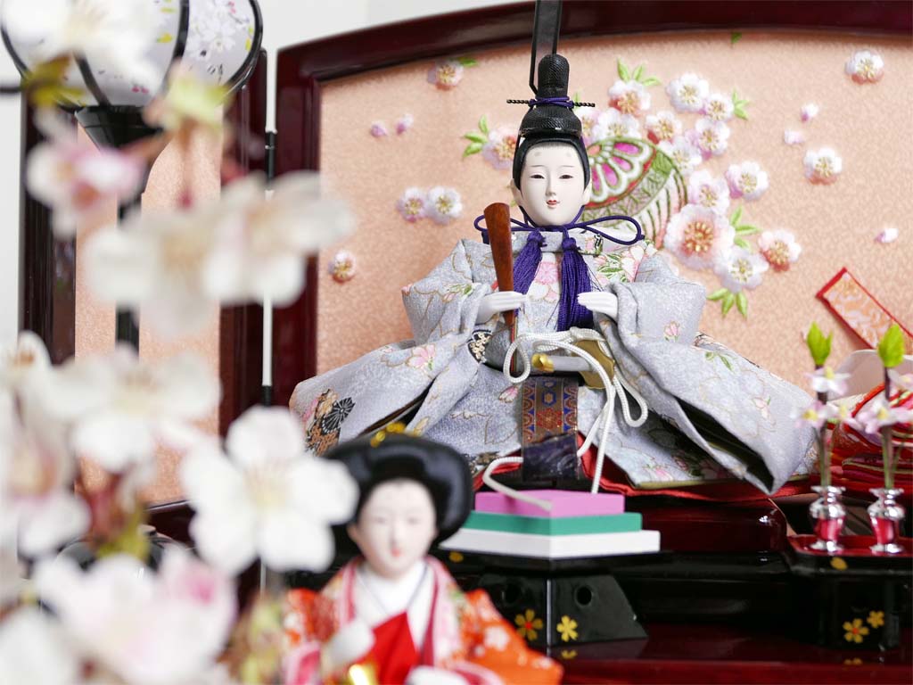 桜柄友禅衣装雛人形枝垂桜茶塗り三段収納飾り