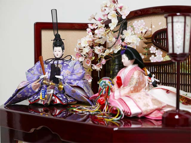 小桜模様のピンク衣装の雛人形古都桜親王収納飾り