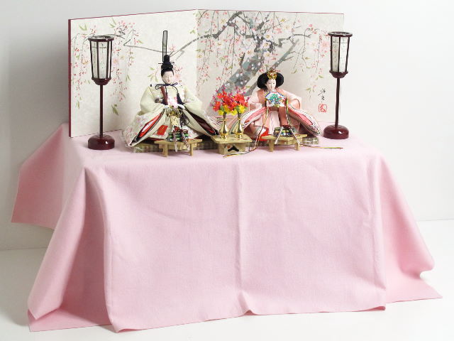 桜の刺繍がかわいいピンクの雛人形手描き桜屏風収納親王飾り