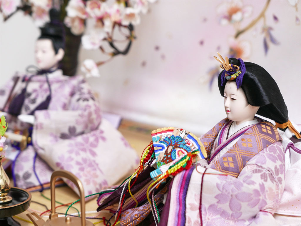 落ち着いた淡い紫桜衣装の雛人形金彩桜ぼかし几帳親王飾り