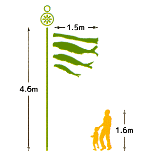 1.5mの鯉と吹流しを4.6mのポールで揚げ、ガーデンセットを設置した大きさと人の大きさを比較した図