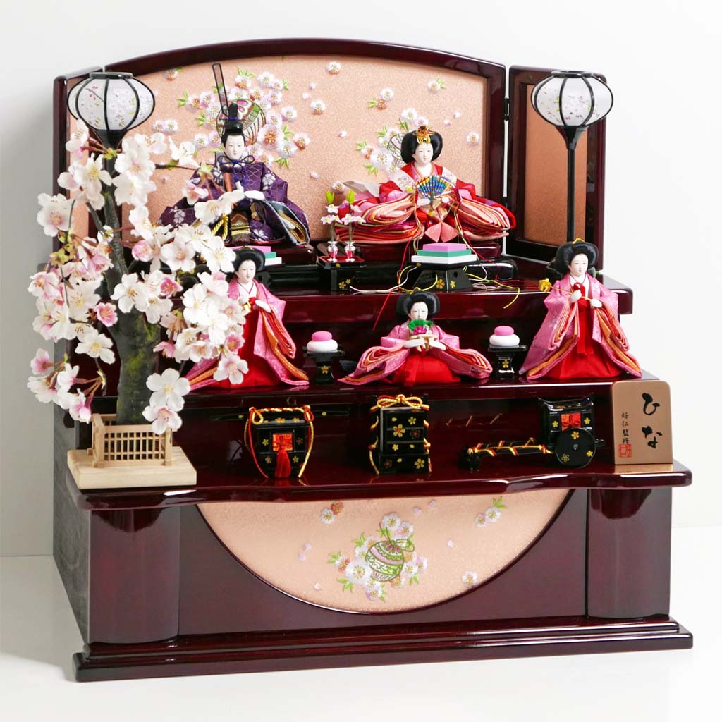 赤と紫衣装のなでしこ柄の雛人形枝垂桜茶塗り三段収納飾り