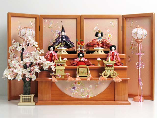 赤と紫衣装のなでしこ柄雛人形を小さくしまって大きく飾る収納式三段桜飾り