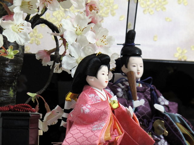 赤と紫衣装のなでしこ柄ひな人形金桜黒塗箱収納飾り