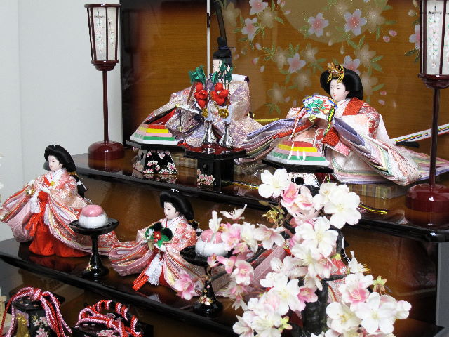 赤と紫を組み合わせた優雅な光沢の雛人形の月と桜木目茶塗り三段飾り