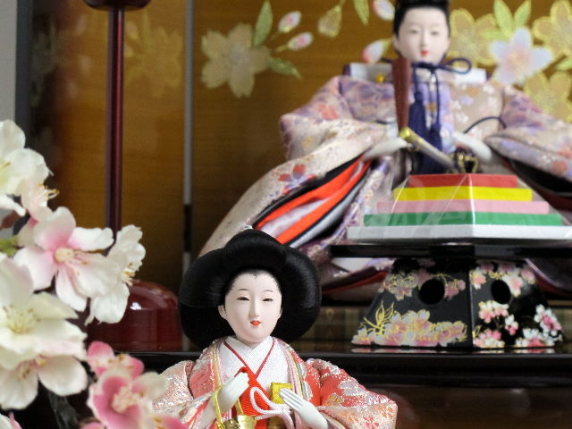赤と紫を組み合わせた優雅な光沢の雛人形の月と桜木目茶塗り三段飾り