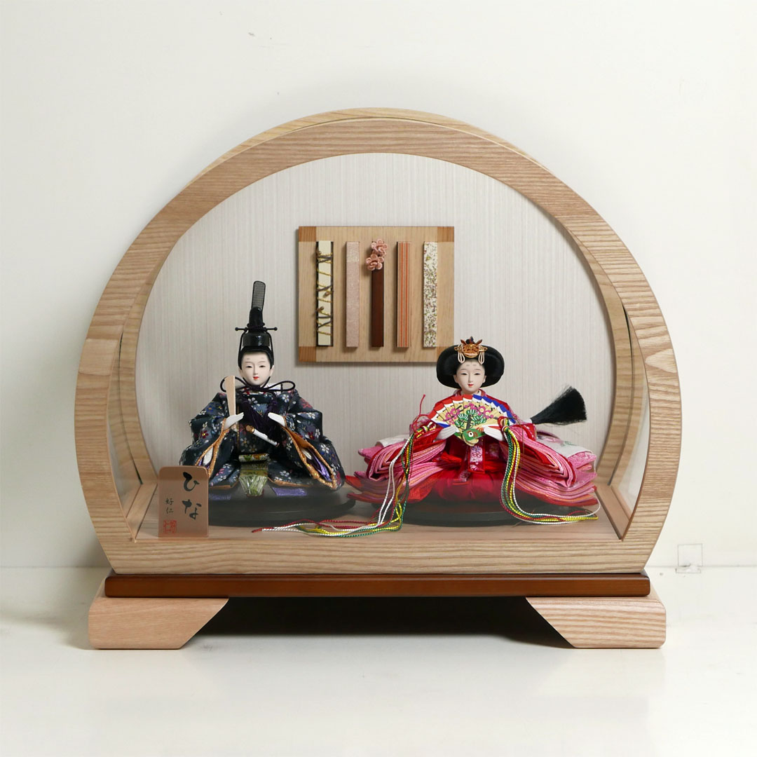 霞小花柄衣装の雛人形アクリル円型ケース飾り