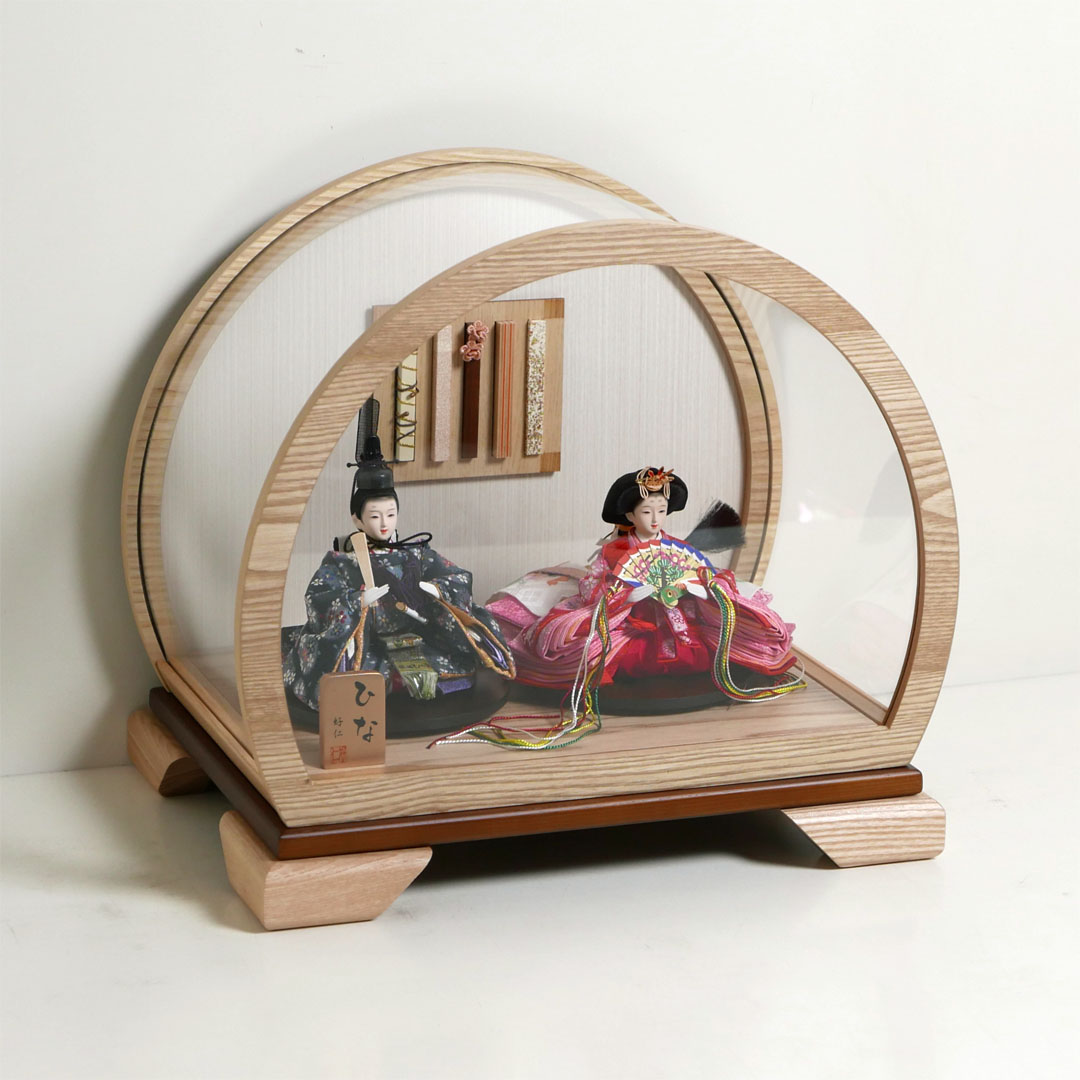 霞小花柄衣装の雛人形アクリル円型ケース飾り