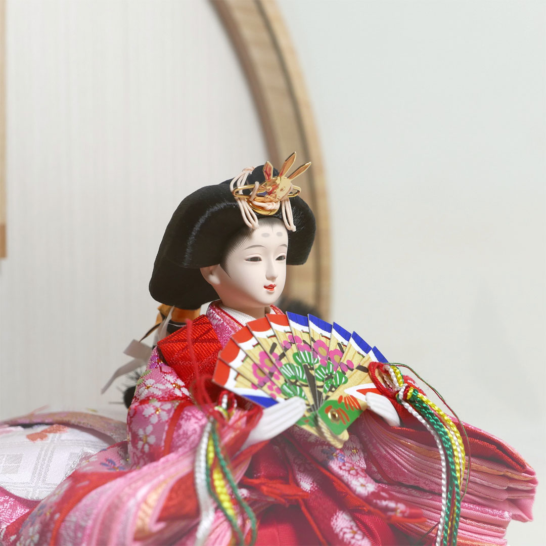 霞小花柄衣装の雛人形アクリル円型ケース飾り