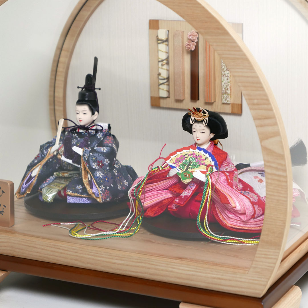 霞小花柄衣装の雛人形アクリル円型ケース飾り