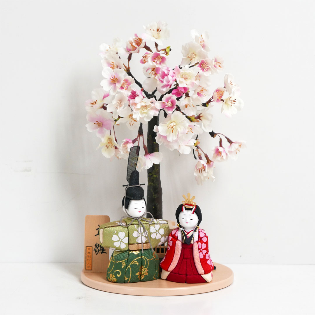 桜花柄赤緑衣装立雛木目込み人形桜飾り