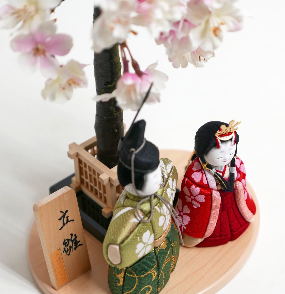 桜花柄赤緑衣装立雛木目込み人形桜飾り