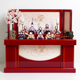 明るい色合いの桜柄衣装の木目込み人形紅ため塗収納二段十五人飾り