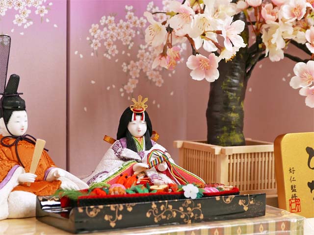 木目込み人形黄呂染衣装の桜屏風1本桜親王飾り