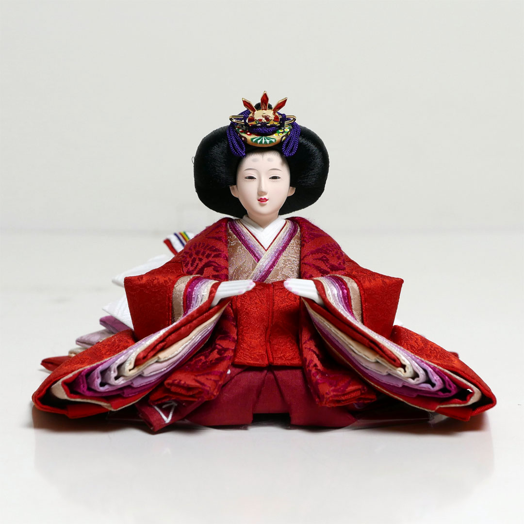 望月龍翠作 朱色と黄土色衣装の雛人形