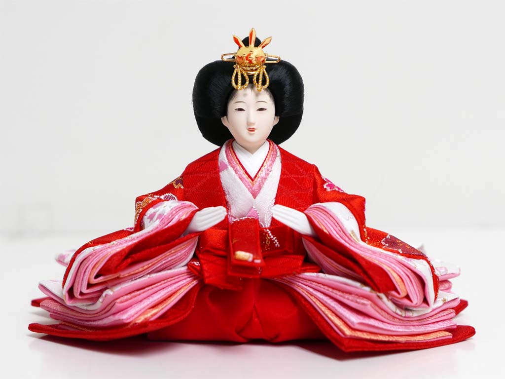 オレンジ桜花柄衣装の雛人形