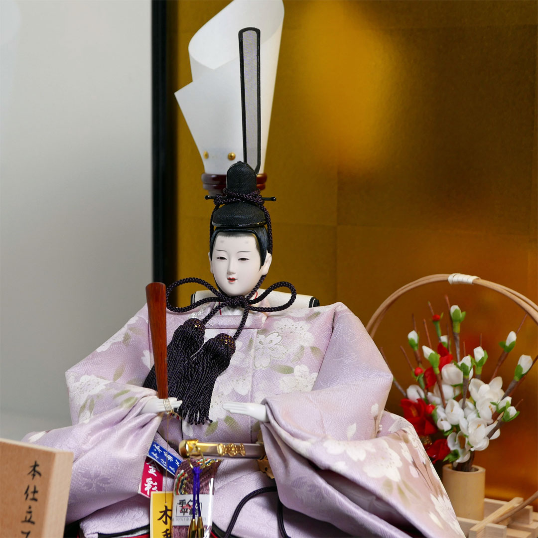 【激安特価在庫処分】桃藤色桜柄本着付雛人形黒枠面取ケース飾り