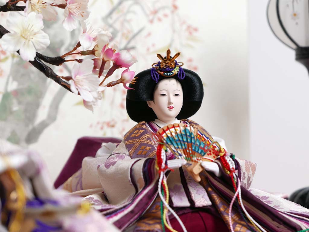 落ち着いた淡い紫桜衣装の雛人形桜収納飾り