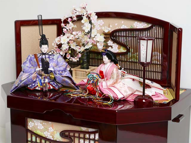 小桜模様のピンク衣装の雛人形古都桜親王収納飾り