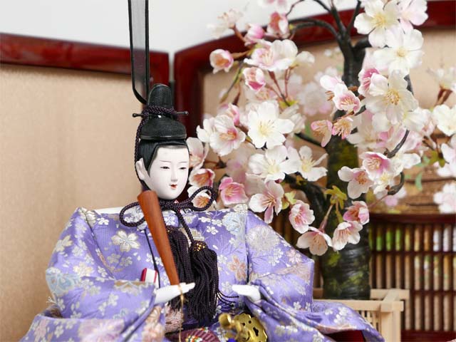 小桜模様のピンク衣装の雛人形古都桜親王収納飾り