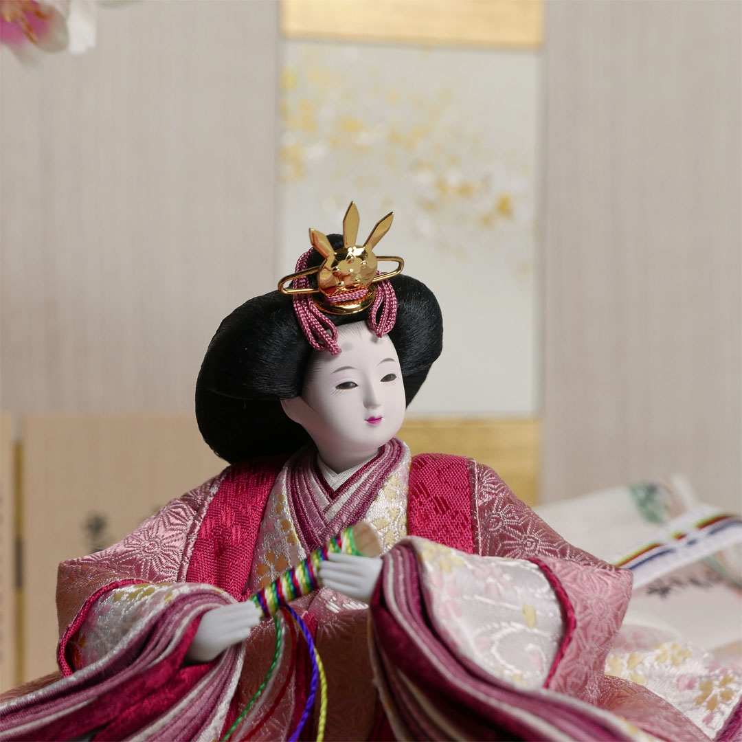 柴田家千代作 麻の葉柄衣装雛人形白木目屏風収納飾り
