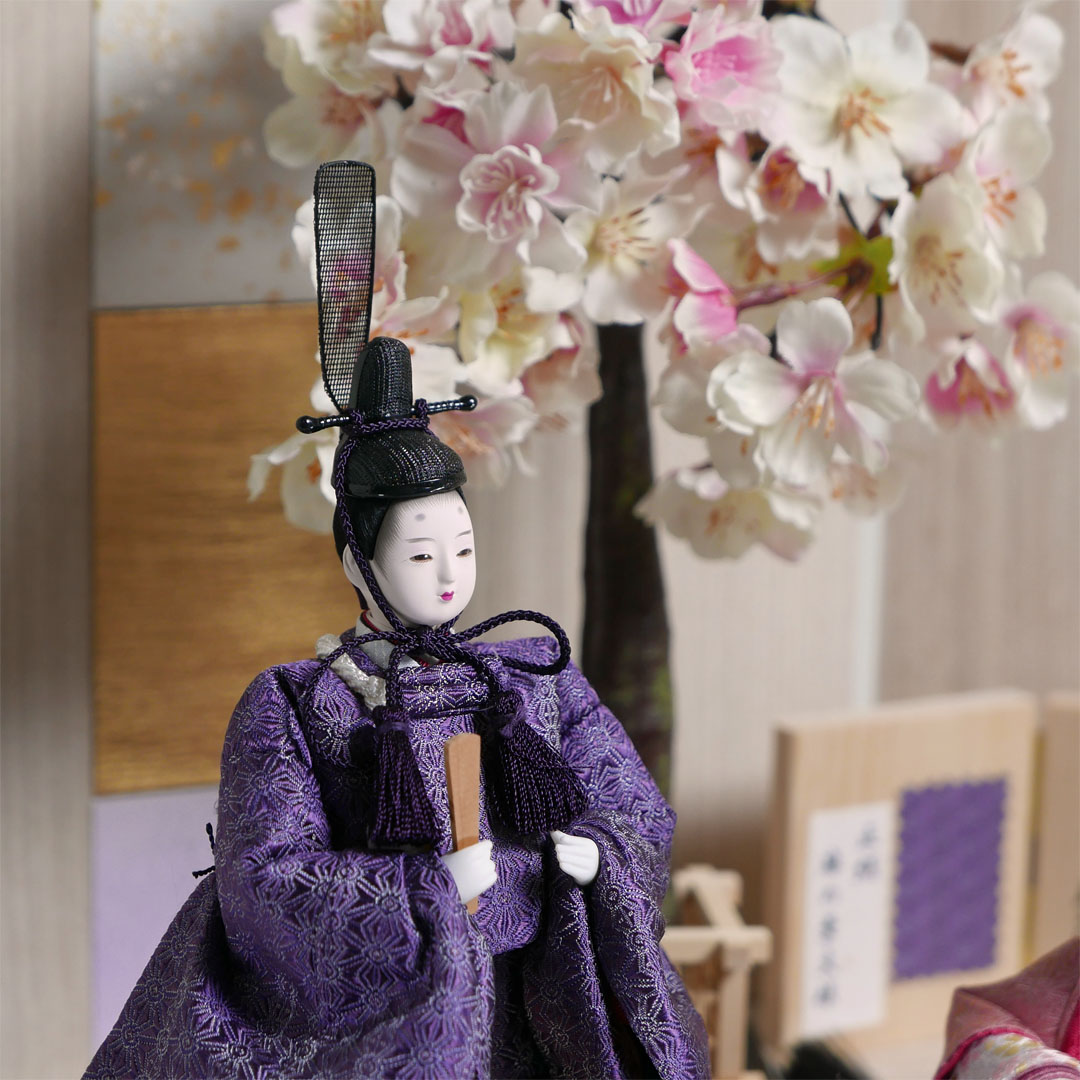 柴田家千代作 麻の葉柄衣装雛人形白木目屏風収納飾り