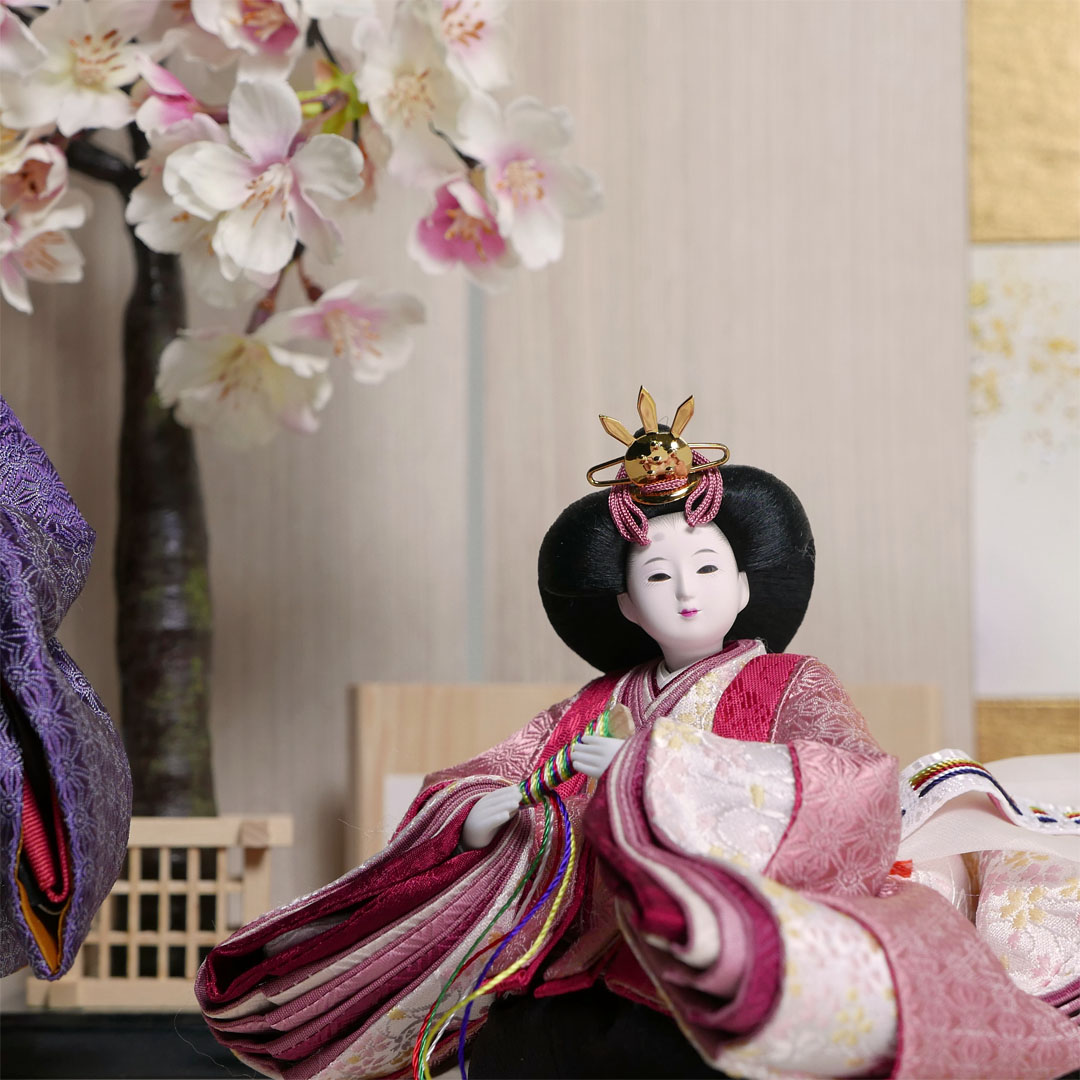 柴田家千代作 麻の葉柄衣装雛人形白木目屏風収納飾り