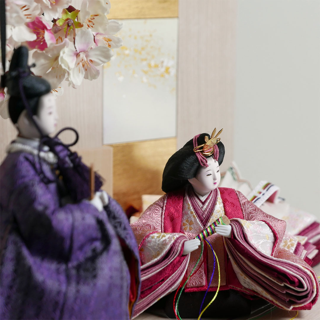 柴田家千代作 麻の葉柄衣装雛人形白木目屏風収納飾り