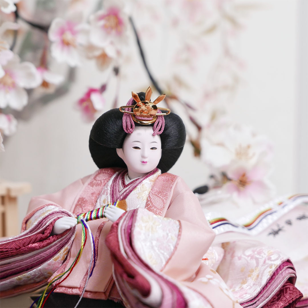 柴田家千代作 手描き桜ピンク衣装雛人形創作親王手描き桜収納飾り