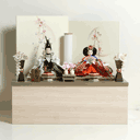 薄ピンクと薄緑の流水桜衣装雛人形月に桜段違い屏風収納飾り