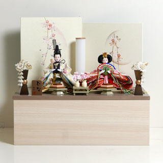 オレンジと黄色の桜柄衣装の雛人形月に桜段違い屏風収納飾り