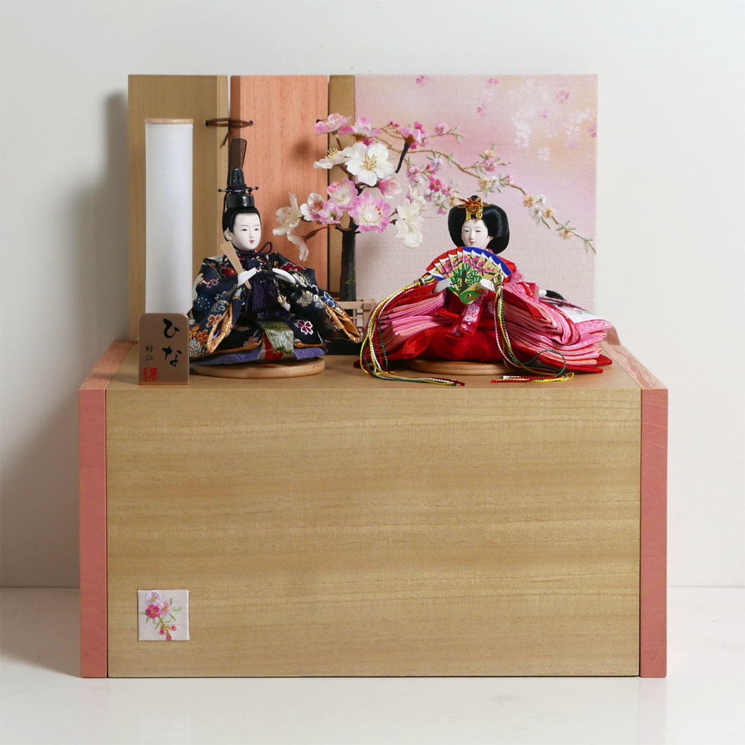 オレンジ桜花柄衣装の雛人形引出収納飾り