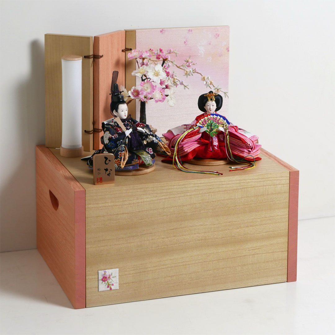 オレンジ桜花柄衣装の雛人形引出収納飾り
