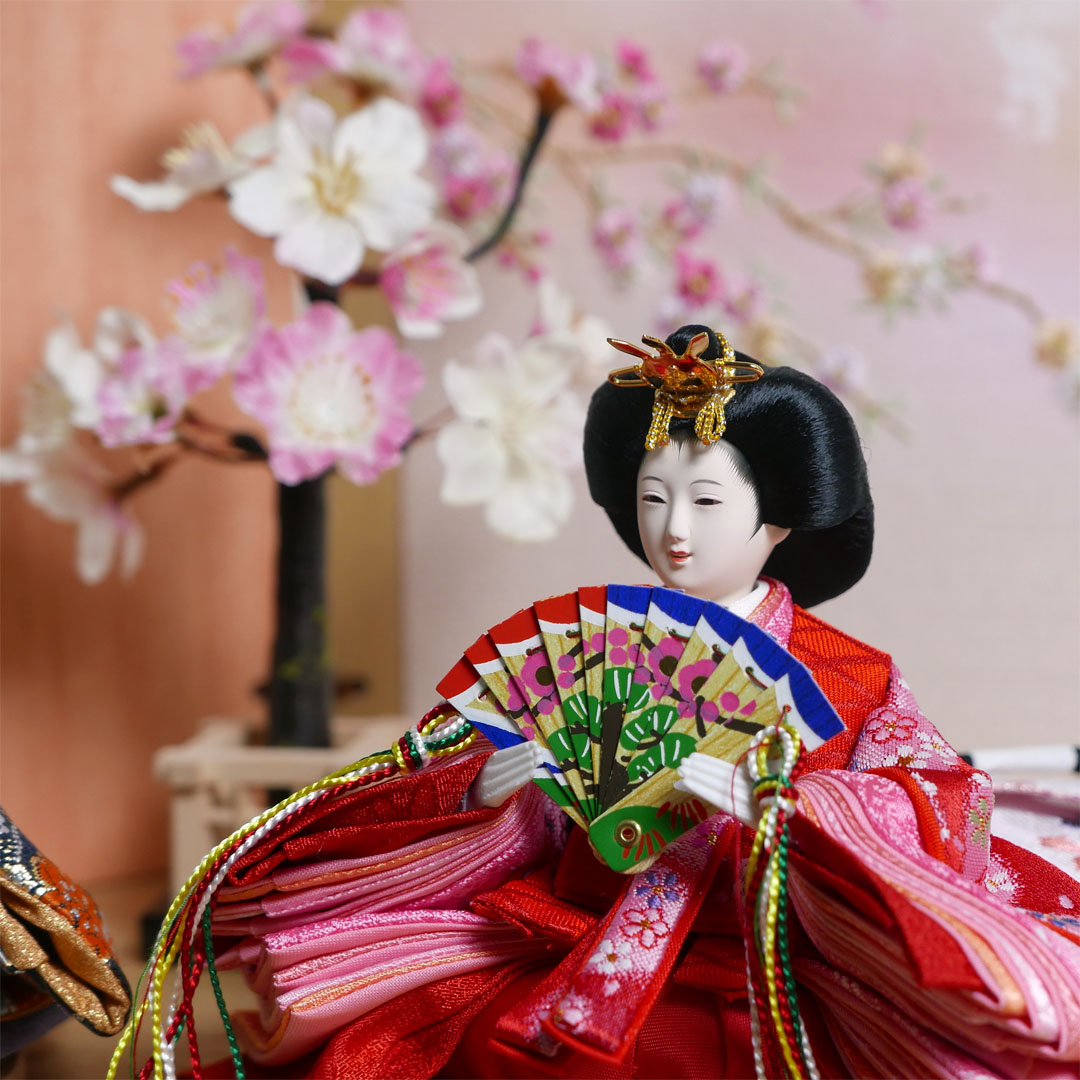 オレンジ桜花柄衣装の雛人形引出収納飾り