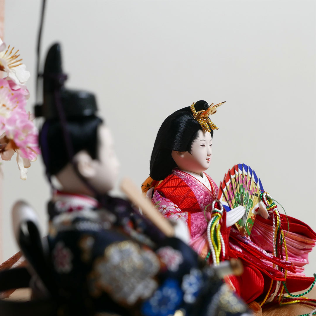 オレンジ桜花柄衣装の雛人形引出収納飾り
