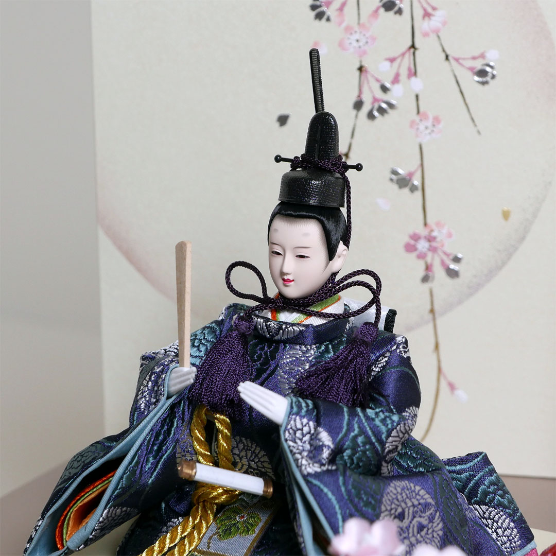 ピンクと青の有職文様衣装の雛人形月に桜段違い屏風収納飾り