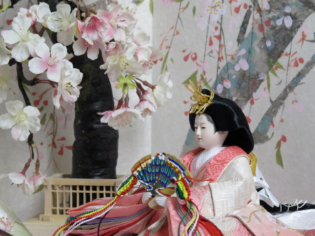 桜の刺繍とほのかなピンクと緑のぼかしが綺麗な雛人形桐収納桜飾り