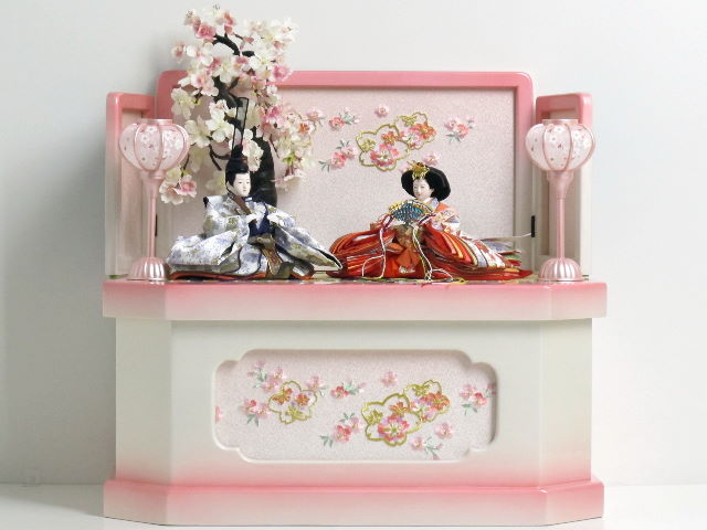 明るい白地桜柄の雛人形ぼかしピンク収納桜飾り