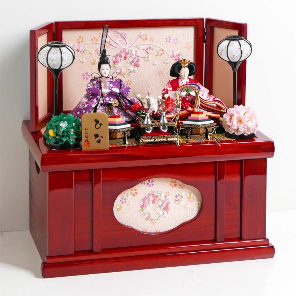 赤と紫衣装の華やかな雛人形赤塗りコンパクト収納飾り
