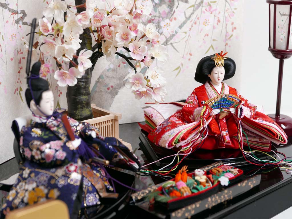 桜模様の金襴衣装雛人形手描き桜屏風桜親王飾り
