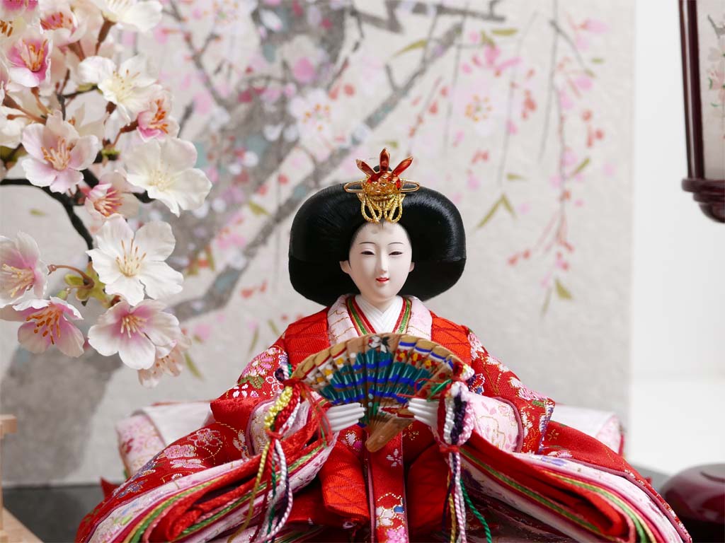 桜模様の金襴衣装雛人形手描き桜屏風桜親王飾り