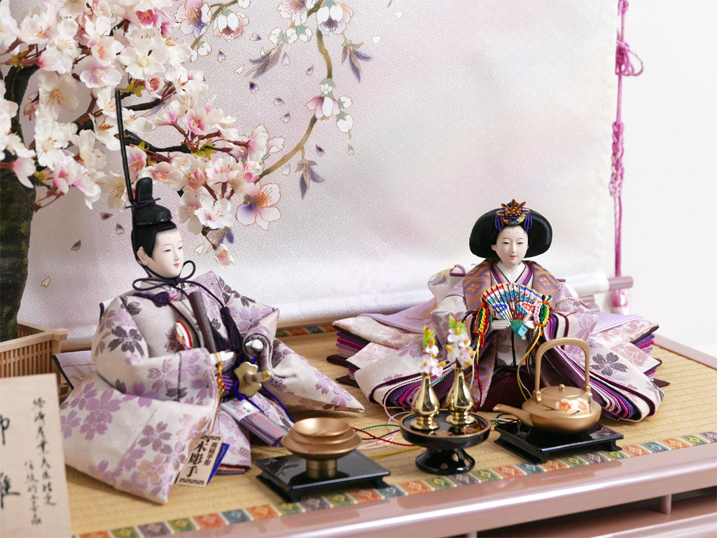 落ち着いた淡い紫桜衣装の雛人形金彩桜ぼかし几帳親王飾り