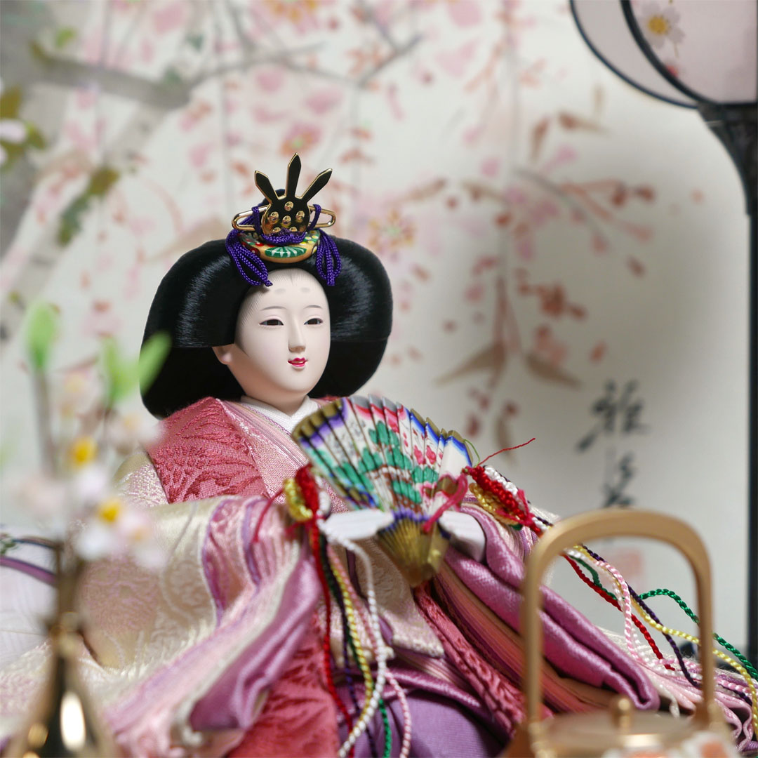 望月龍翠作 白雲立涌鶴紋正絹衣装雛人形手描き桜屏風親王飾り