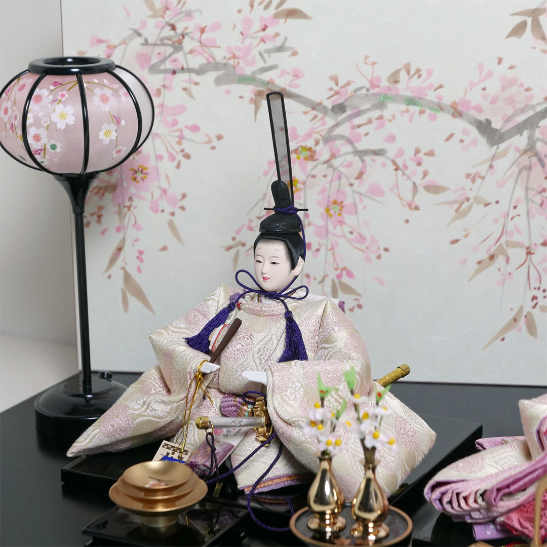 望月龍翠作 白雲立涌鶴紋正絹衣装雛人形手描き桜屏風親王飾り