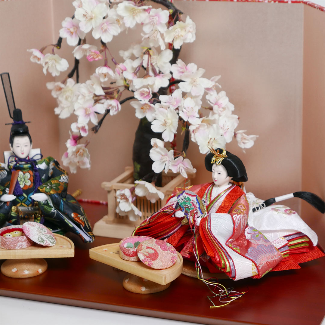 縁起の良い松竹梅衣装の雛人形ピンク箔しだれ桜親王飾り