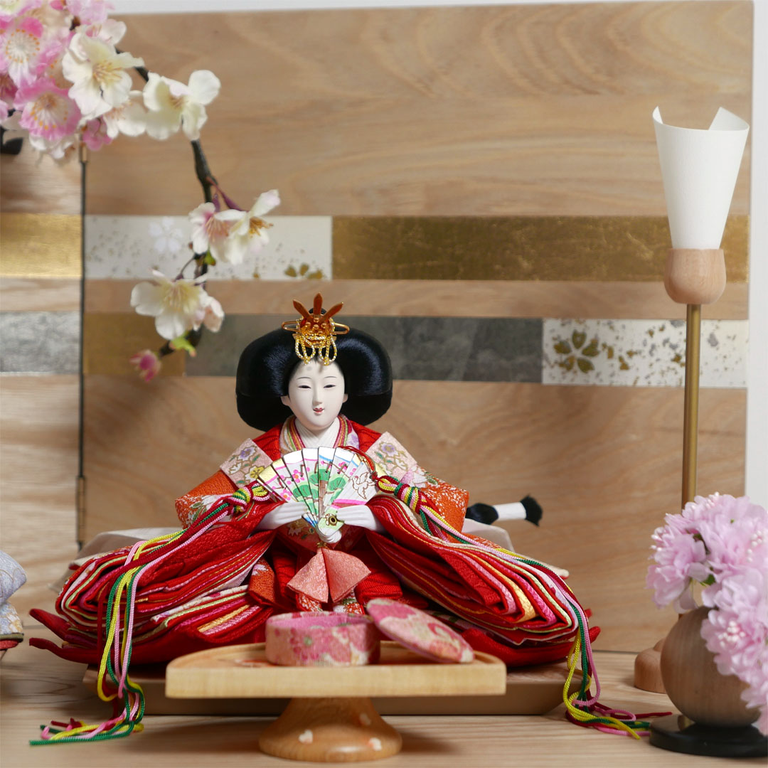 桜柄友禅衣装雛人形木目屏風雲桜寿司餅親王飾り