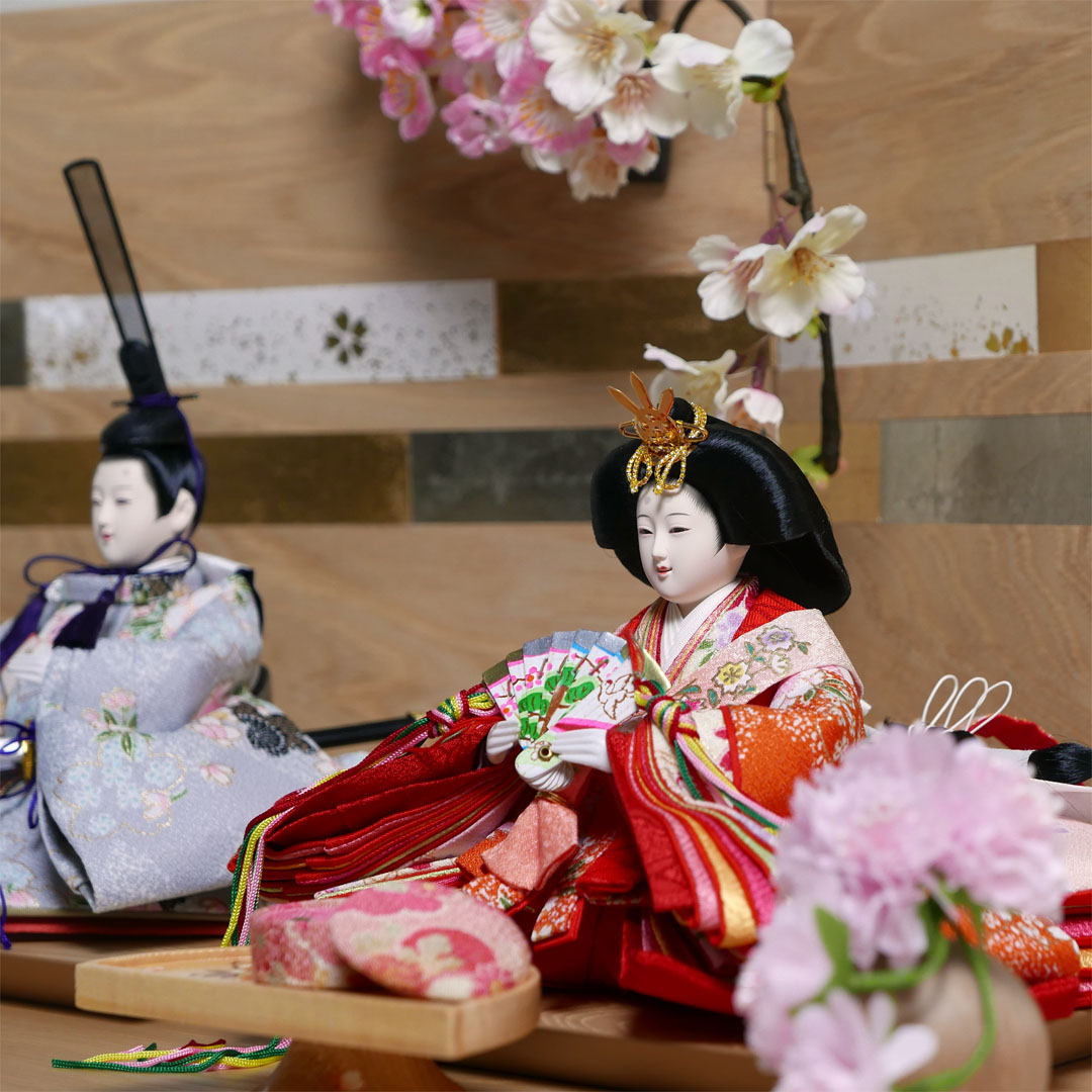 桜柄友禅衣装雛人形木目屏風雲桜寿司餅親王飾り