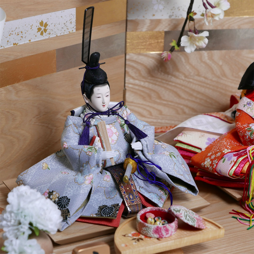 桜柄友禅衣装雛人形木目屏風雲桜寿司餅親王飾り