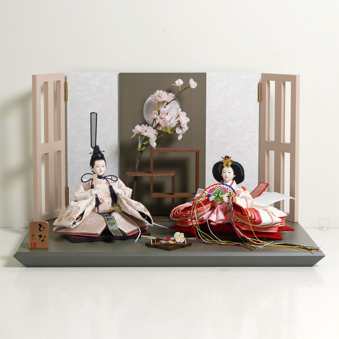 モカ色の桜刺繍衣装雛人形フレーム桜グレー親王飾り